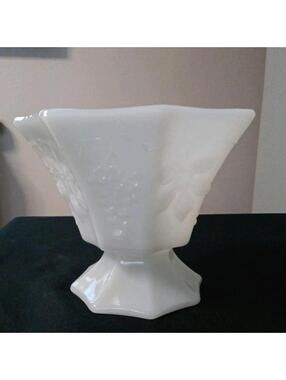Milk Glass Vintage Pedestal Candy Planter Vase 8 Sided Harvest Grape Leaf Design